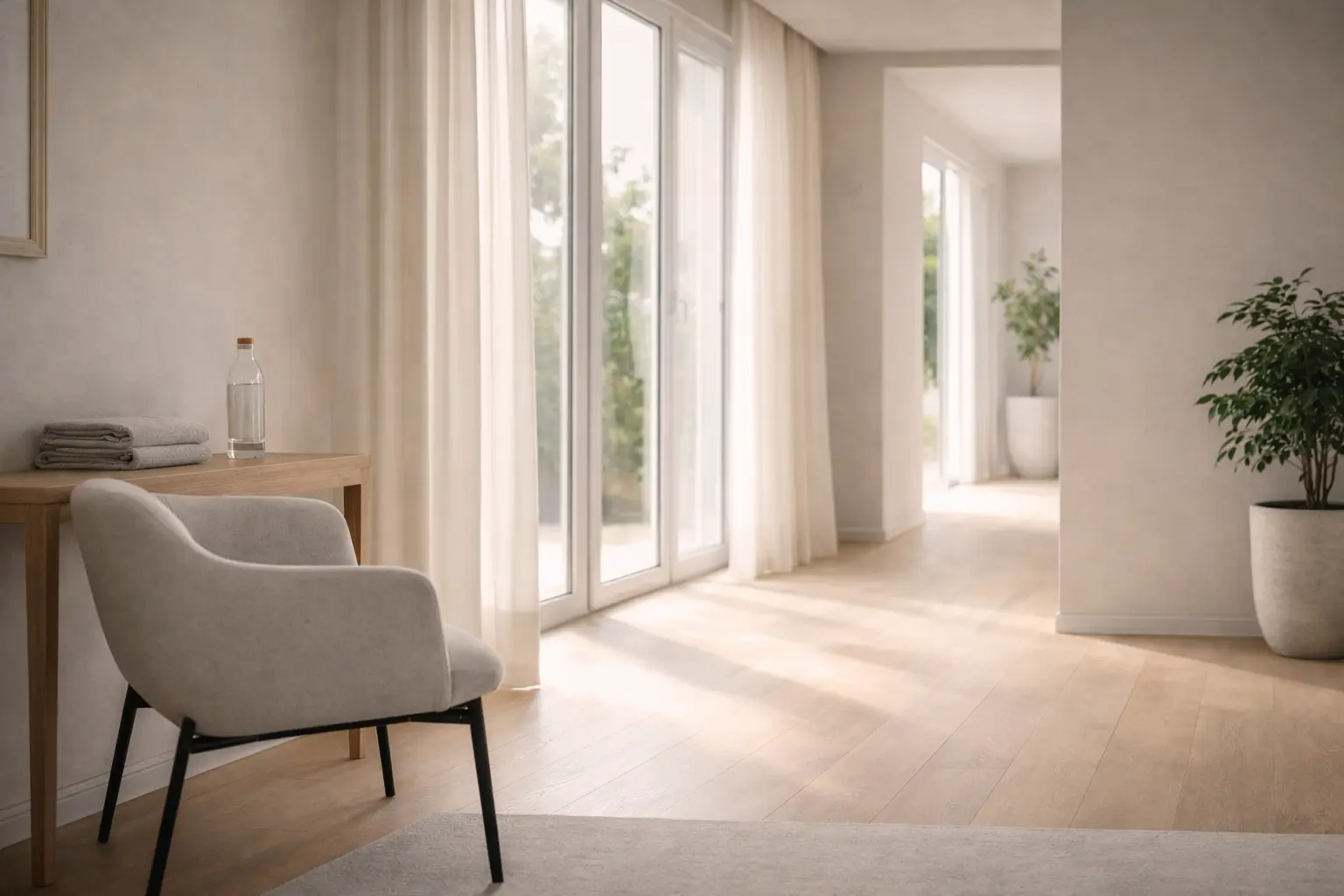 Intérieur contemporain lumineux illustrant la médecine de la longévité, la prévention et la santé masculine