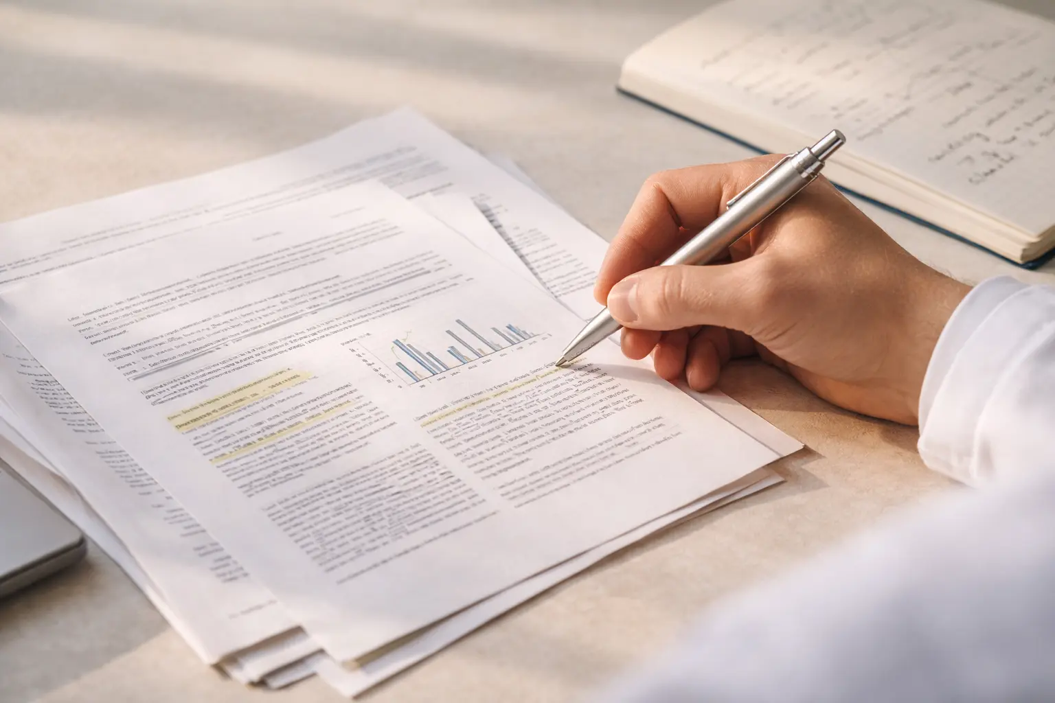 Médecin analysant des articles scientifiques sur la santé et la médecine de la longévité