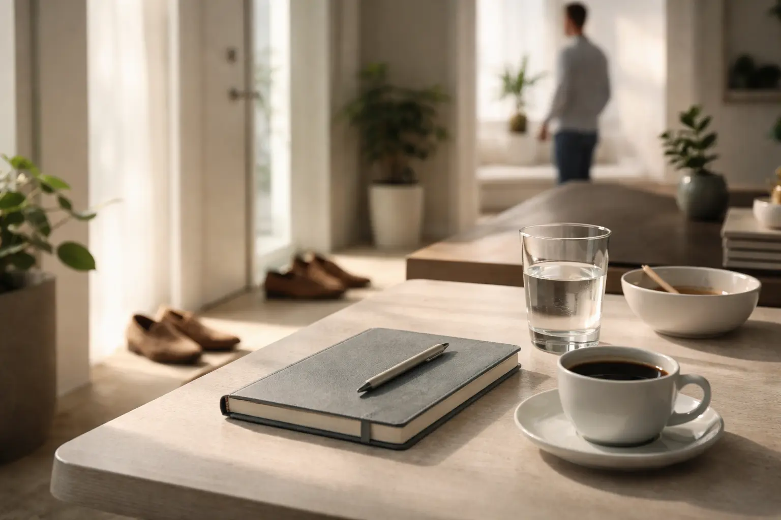 Intérieur contemporain illustrant un point de départ vers une meilleure santé masculine et la longévité avec bureau, café, eau et chaussures de marche