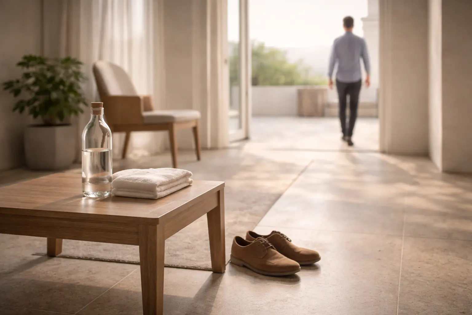 Scène lumineuse de mode de vie illustrant la prévention, la vitalité et la longévité en bonne santé avec eau, serviette et chaussures de marche