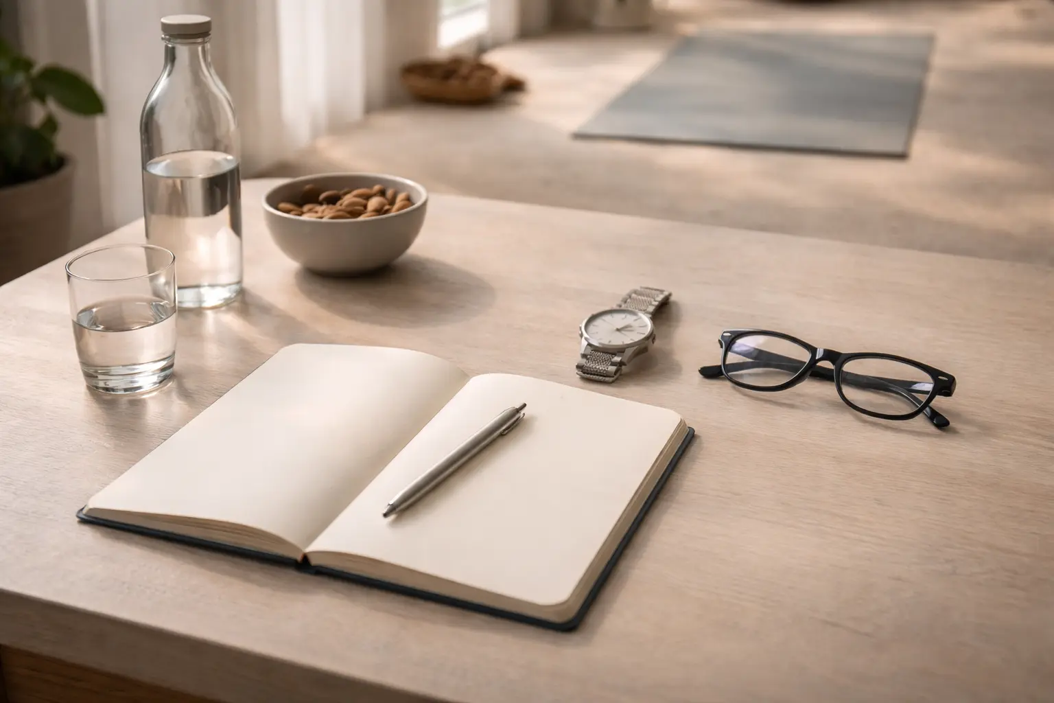 Espace de travail organisé illustrant une méthode claire de prévention santé et de longévité avec carnet, eau et objets du quotidien