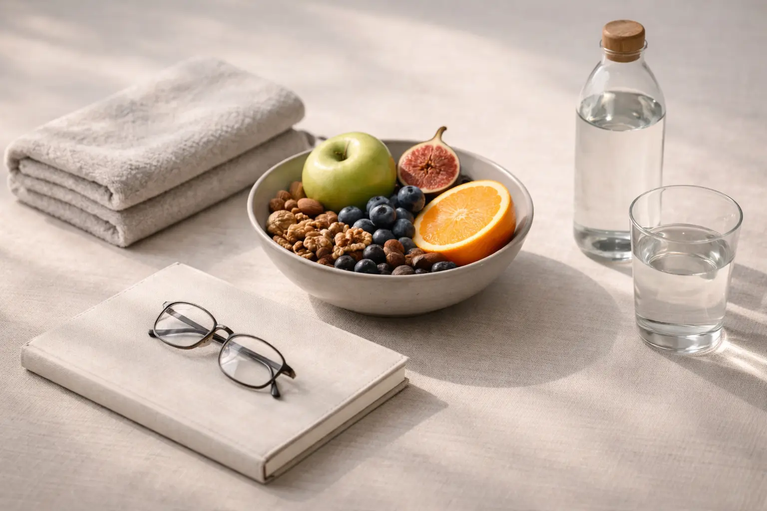 Composition éditoriale illustrant les piliers du mode de vie favorables à la longévité avec eau, nutrition et récupération