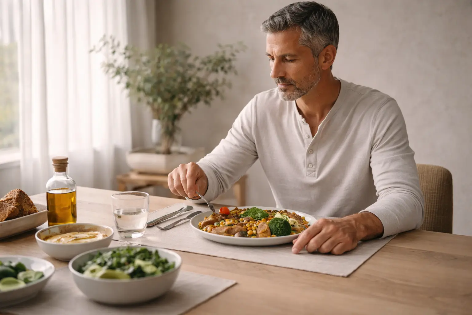Guide nutrition illustré par un visuel éditorial premium autour d’un repas simple, équilibré et cohérent avec la longévité