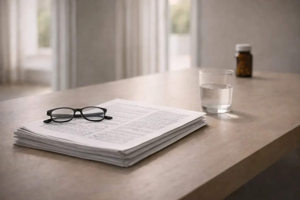 Papiers scientifiques, lunettes de lecture et verre d’eau sur une table dans un intérieur lumineux, illustrant une approche fondée sur les preuves en médecine de la longévité.