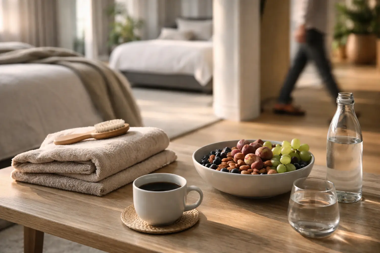 Scène de mode de vie illustrant les piliers de la longévité avec sommeil, activité physique, nutrition saine, café et exposition à la chaleur