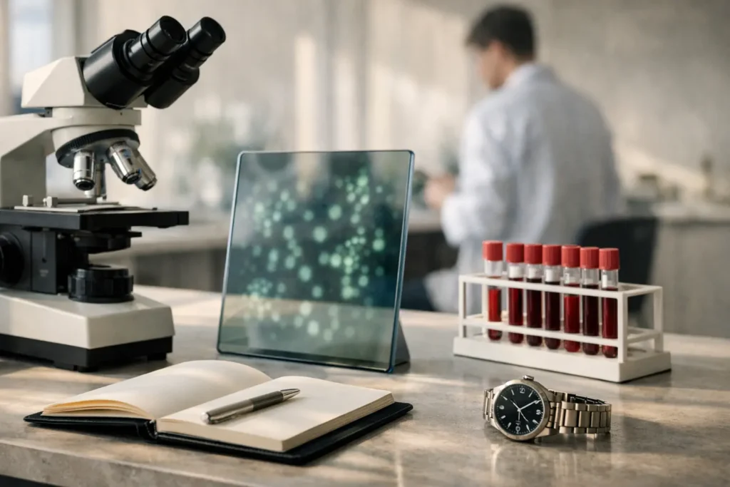 Espace de recherche illustrant la science de la longévité, avec microscope, échantillons biologiques et ambiance de médecine préventive du vieillissement