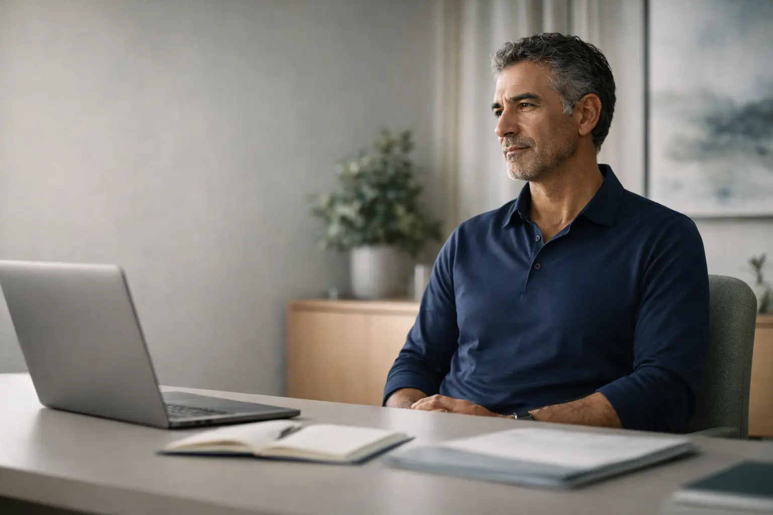 Homme assis à un bureau dans un environnement sobre et premium illustrant la page Contact d’un site de médecine de la longévité