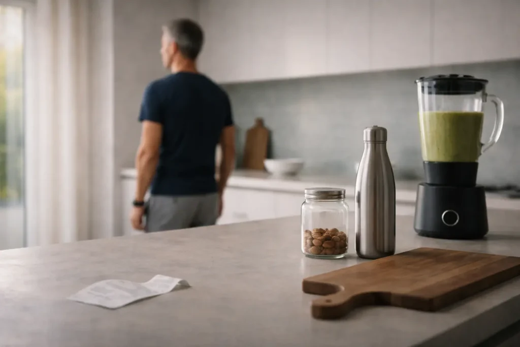 Cuisine contemporaine avec matériaux non plastiques et adulte mince, illustrant la graisse viscérale invisible, les perturbateurs endocriniens et la protection du Peak Span