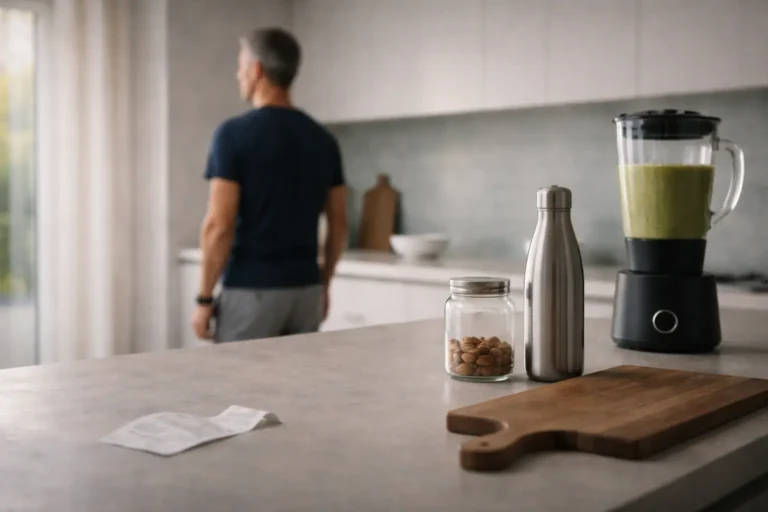 Cuisine contemporaine avec matériaux non plastiques et adulte mince, illustrant la graisse viscérale invisible, les perturbateurs endocriniens et la protection du Peak Span