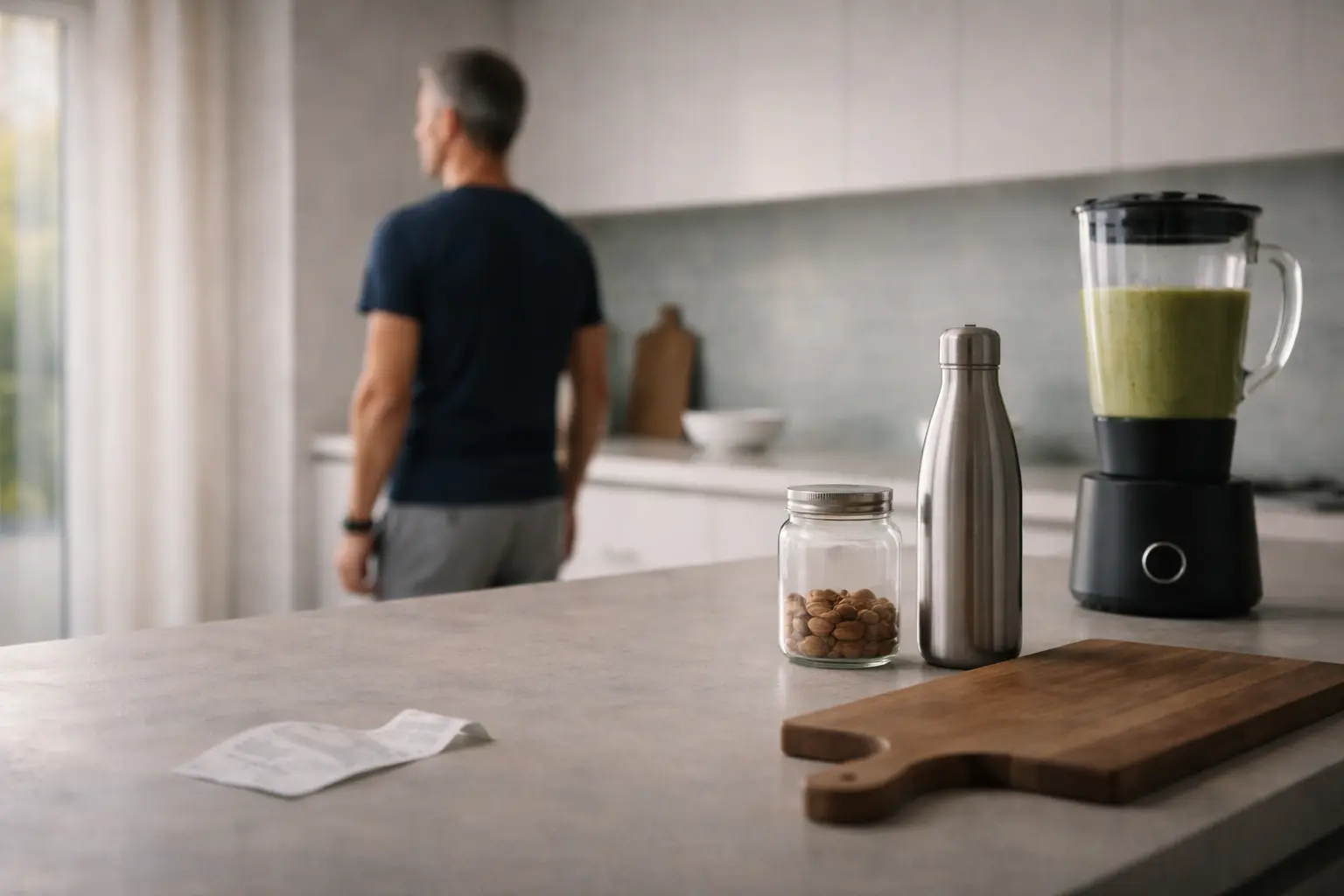 Cuisine contemporaine avec matériaux non plastiques et adulte mince, illustrant la graisse viscérale invisible, les perturbateurs endocriniens et la protection du Peak Span