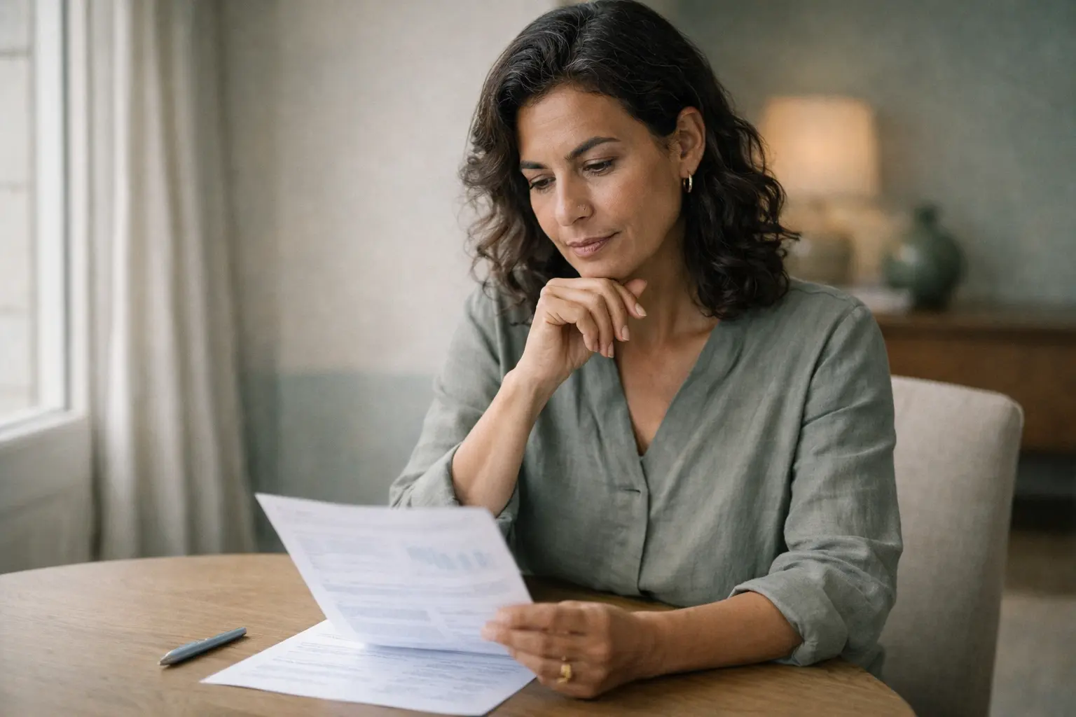 Femme relisant des documents de santé dans un cadre apaisé pour illustrer les bilans de prévention