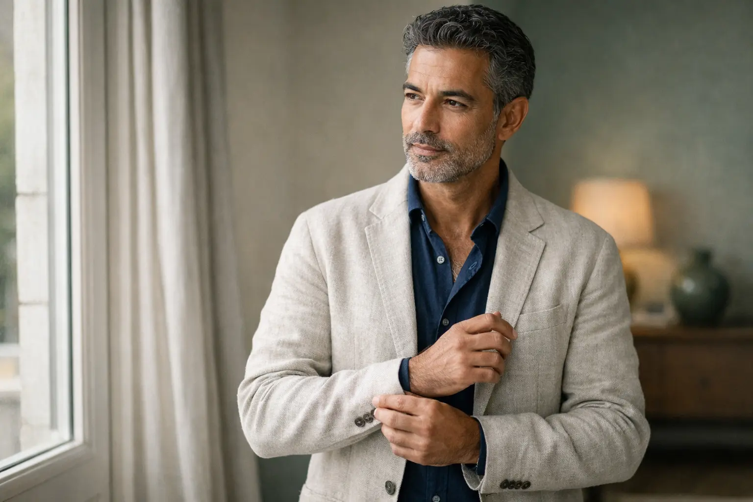 Homme mature dans un intérieur élégant illustrant la vitalité, l’équilibre hormonal et la santé masculine