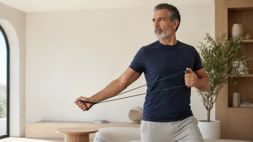 Personne d’âge mûr réalisant un exercice de résistance dans un intérieur élégant pour illustrer le lien entre masse musculaire, autonomie et longévité