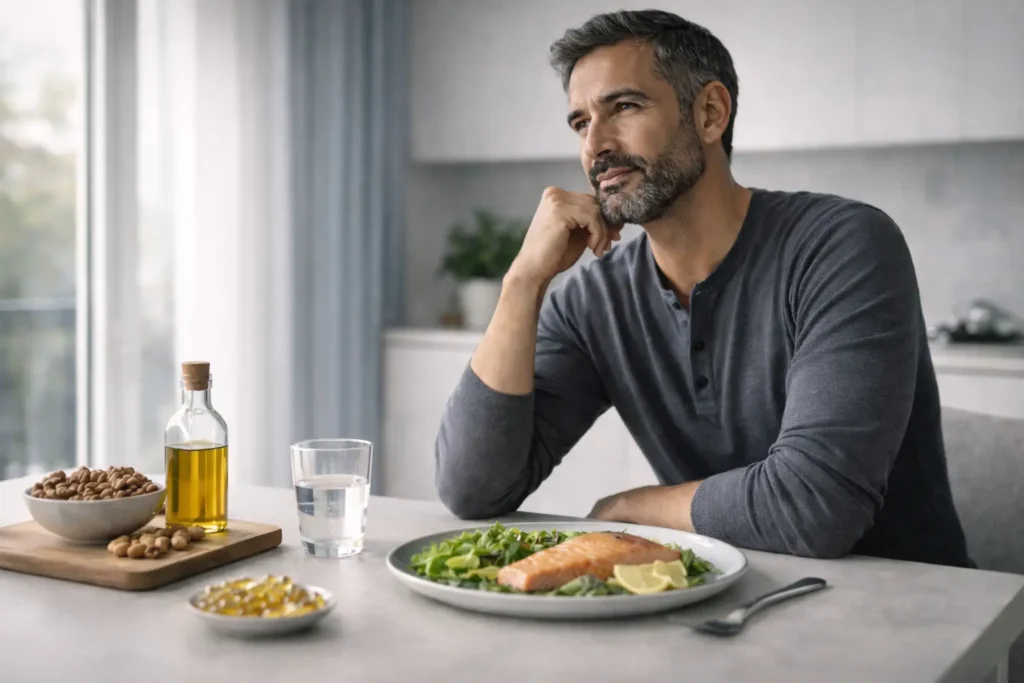 Homme adulte dans un environnement lumineux et apaisé avec aliments riches en oméga-3, illustrant la longévité, l’inflammation et l’âge biologique.